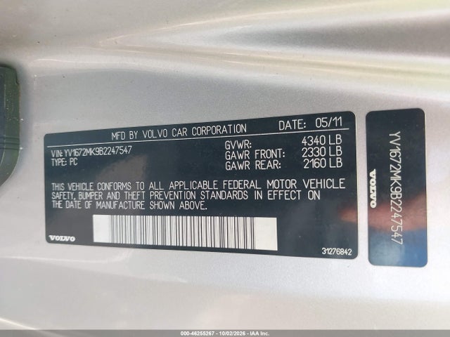 Aukcja sprzedaży 2011 Volvo C30 T5, vin: YV1672MK9B2247547, numer aukcji: 46255267
