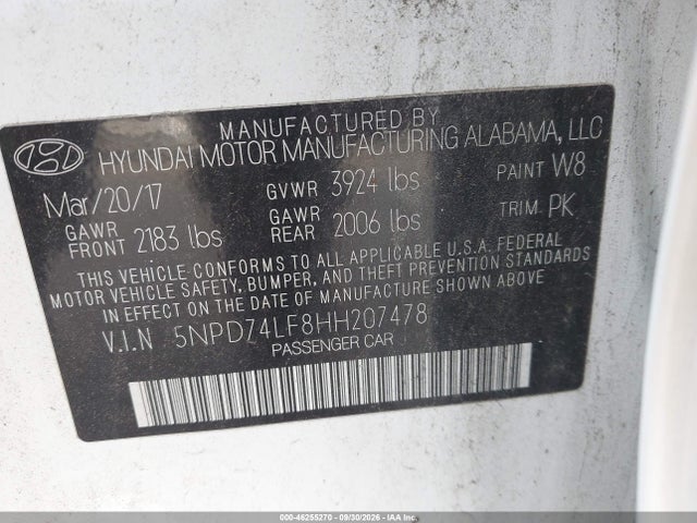 Продаж на аукціоні авто 2017 Hyundai Elantra Se, vin: 5NPD74LF8HH207478, номер лоту: 46255270