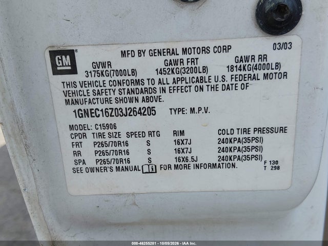 46255281 :رقم المزاد ، 1GNEC16Z03J264205 vin ، 2003 Chevrolet Suburban 1500 Lt مزاد بيع