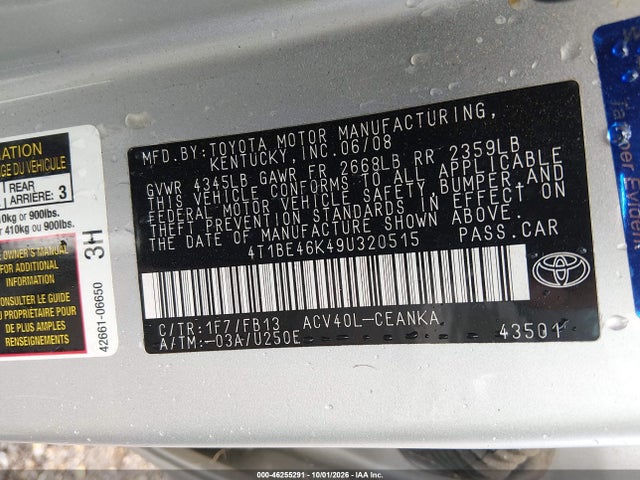 46255291 :رقم المزاد ، 4T1BE46K49U320515 vin ، 2009 Toyota Camry Le مزاد بيع
