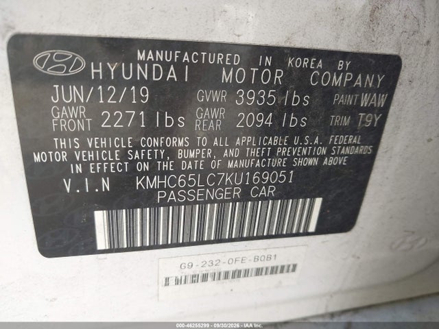 2019 Hyundai Ioniq Hybrid Blue მანქანა იყიდება აუქციონზე, vin: KMHC65LC7KU169051, აუქციონის ნომერი: 46255299