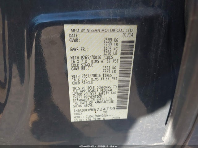 46255300 :رقم المزاد ، 1N6AD0ER9EN724759 vin ، 2014 Nissan Frontier Sv مزاد بيع