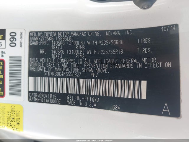 5TDYK3DC4FS550827 Toyota Sienna Limited Premium 7 Passenger