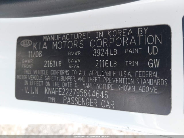 Продаж на аукціоні авто 2009 Kia Spectra Ex, vin: KNAFE222795644646, номер лоту: 46255315