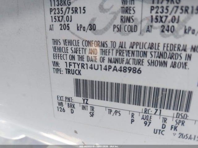Продажа на аукционе авто 2004 Ford Ranger Edge/tremor/xl/xlt, vin: 1FTYR14U14PA48986, номер лота: 46255319