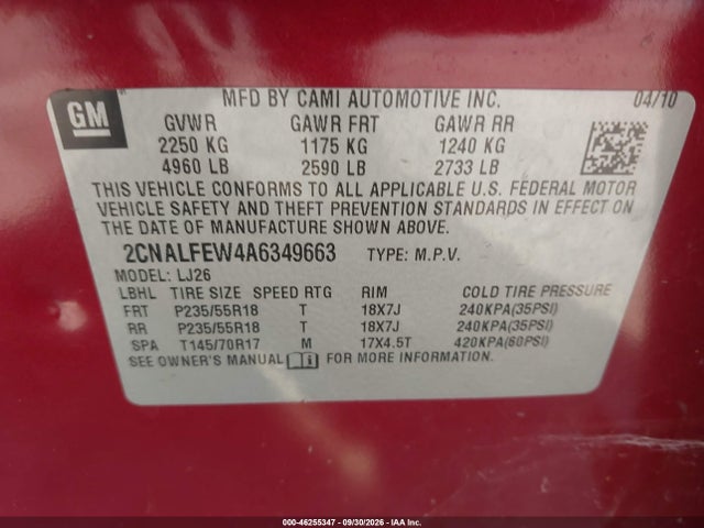 Продаж на аукціоні авто 2010 Chevrolet Equinox Ltz, vin: 2CNALFEW4A6349663, номер лоту: 46255347
