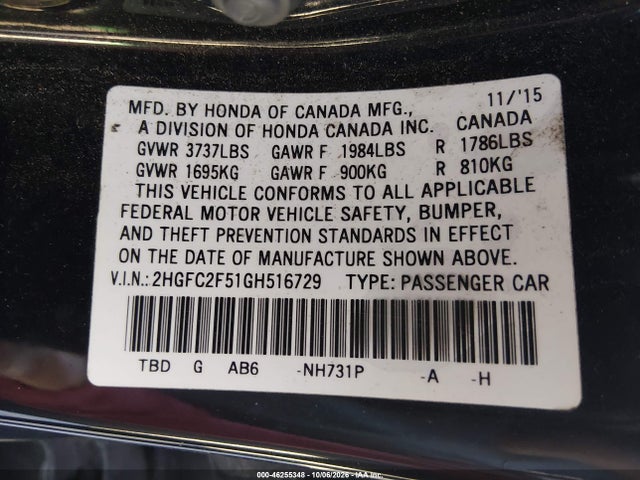 2016 Honda Civic Lx მანქანა იყიდება აუქციონზე, vin: 2HGFC2F51GH516729, აუქციონის ნომერი: 46255348