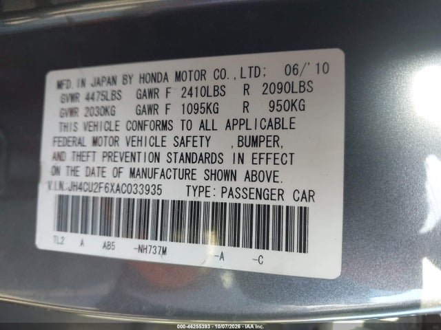46255393 :رقم المزاد ، JH4CU2F6XAC033935 vin ، 2010 Acura Tsx 2.4 مزاد بيع