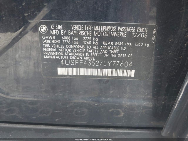 46255401 :رقم المزاد ، 4USFE43527LY77604 vin ، 2007 Bmw X5 3.0si مزاد بيع