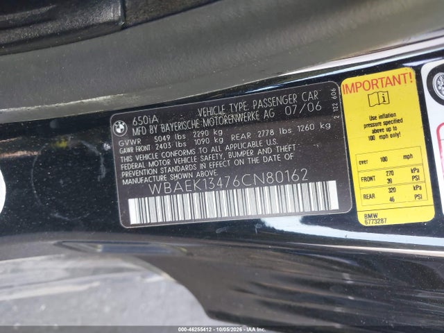 46255412 :رقم المزاد ، WBAEK13476CN80162 vin ، 2006 Bmw 650i مزاد بيع
