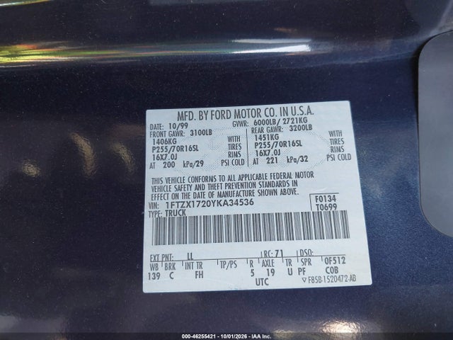 46255421 :رقم المزاد ، 1FTZX1720YKA34536 vin ، 2000 Ford F-150 Work Series/xl/xlt مزاد بيع