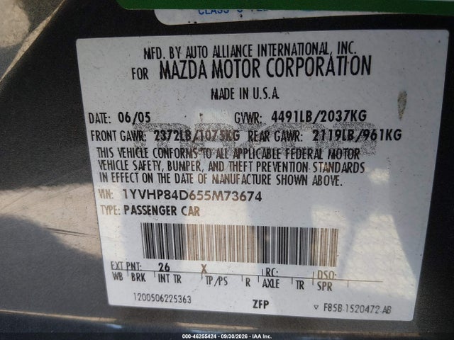 46255424 :رقم المزاد ، 1YVHP84D655M73674 vin ، 2005 Mazda Mazda6 S Sport مزاد بيع