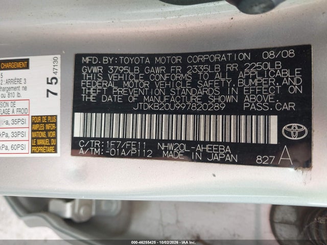 46255425 :رقم المزاد ، JTDKB20U997820289 vin ، 2009 Toyota Prius مزاد بيع