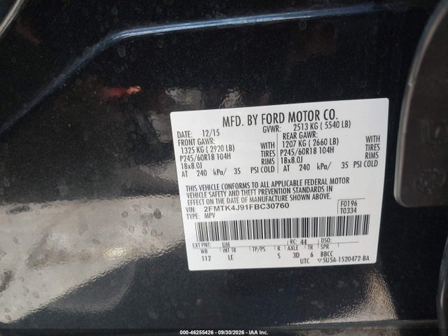 2015 Ford Edge Sel მანქანა იყიდება აუქციონზე, vin: 2FMTK4J91FBC30760, აუქციონის ნომერი: 46255426