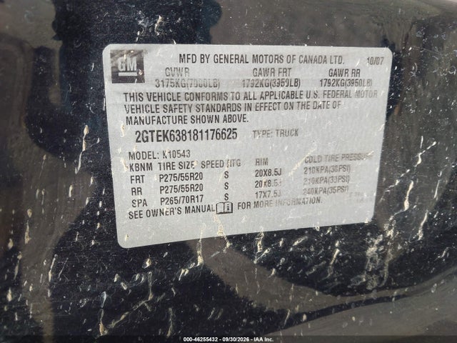 2008 Gmc Sierra 1500 Denali მანქანა იყიდება აუქციონზე, vin: 2GTEK638181176625, აუქციონის ნომერი: 46255432