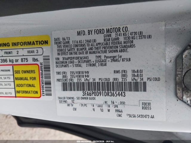 46255448 :رقم المزاد ، 3FA6P0D91DR365443 vin ، 2013 Ford Fusion Titanium مزاد بيع