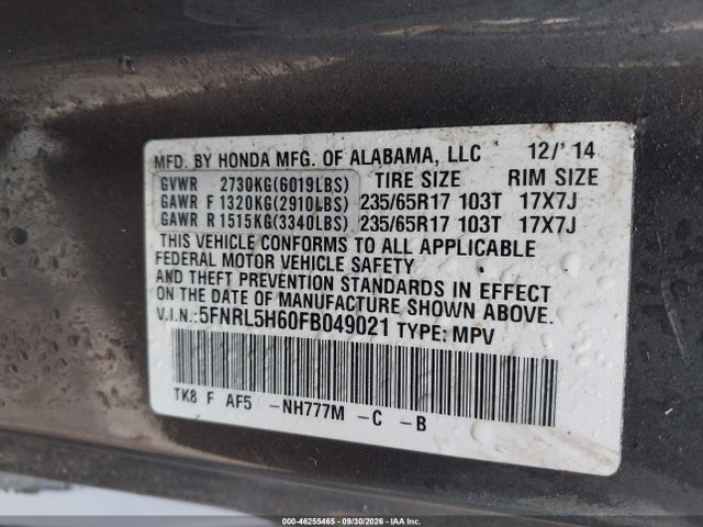 Продажа на аукционе авто 2015 Honda Odyssey Ex-l, vin: 5FNRL5H60FB049021, номер лота: 46255465