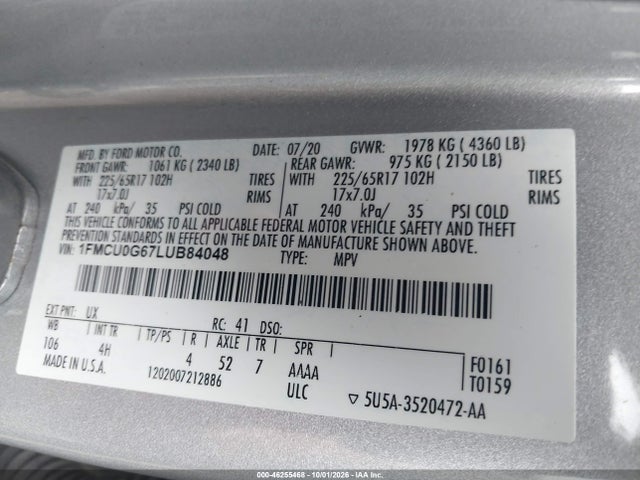 46255468 :رقم المزاد ، 1FMCU0G67LUB84048 vin ، 2020 Ford Escape Se مزاد بيع