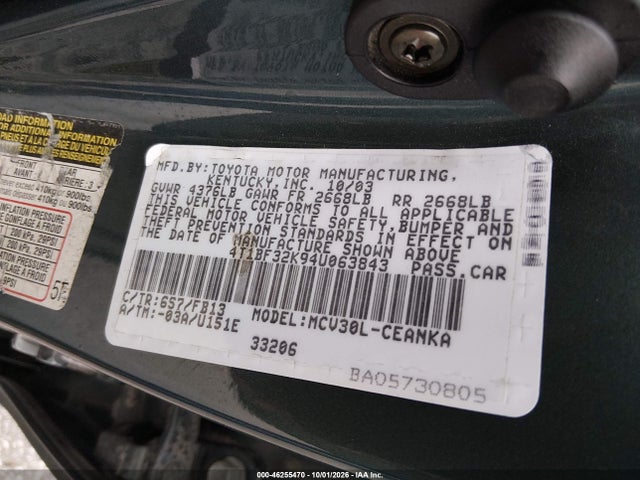 46255470 :رقم المزاد ، 4T1BF32K94U063843 vin ، 2004 Toyota Camry Le V6 مزاد بيع