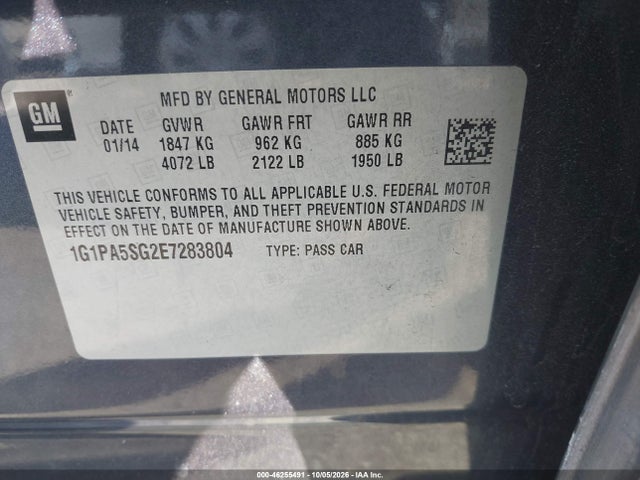 46255491 :رقم المزاد ، 1G1PA5SG2E7283804 vin ، 2014 Chevrolet Cruze Ls Auto مزاد بيع
