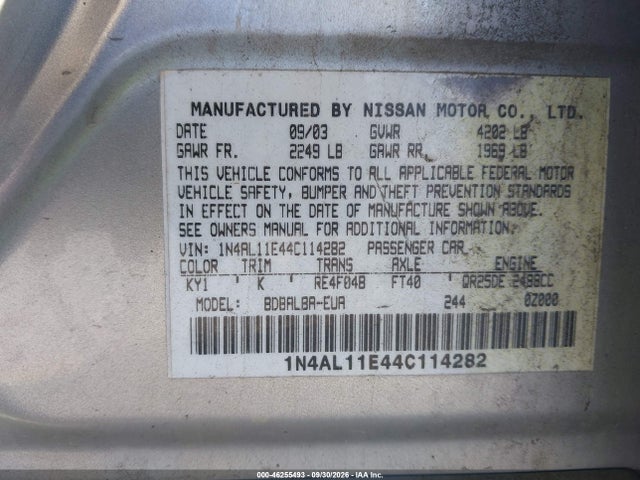 Aukcja sprzedaży 2004 Nissan Altima 2.5 S, vin: 1N4AL11E44C114282, numer aukcji: 46255493