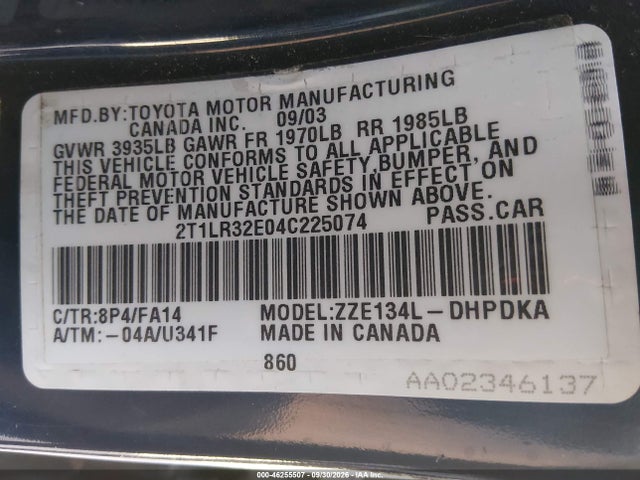 2004 Toyota Matrix Standard მანქანა იყიდება აუქციონზე, vin: 2T1LR32E04C225074, აუქციონის ნომერი: 46255507