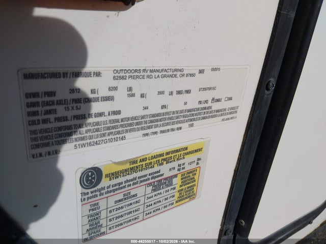 Продаж на аукціоні авто 2016 Outdoors Rv Mfg. Backcountry, vin: 51W162427G1010145, номер лоту: 46255517
