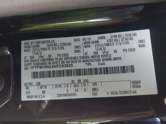 2019 Ford F-150 Raptor მანქანა იყიდება აუქციონზე, vin: 1FTFW1RG3KFC83623, აუქციონის ნომერი: 46255527