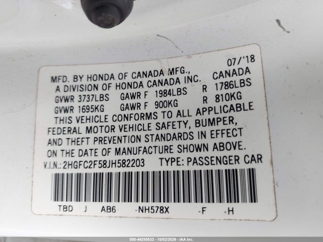 Aukcja sprzedaży 2018 Honda Civic Lx, vin: 2HGFC2F58JH582203, numer aukcji: 46255532
