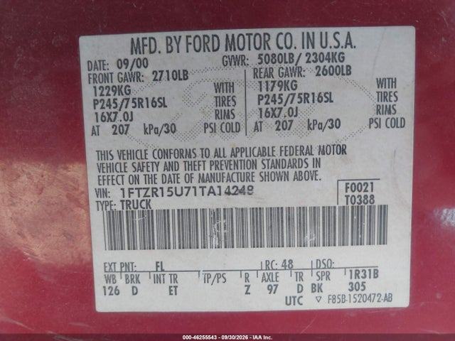 Продаж на аукціоні авто 2001 Ford Ranger Edge/xlt, vin: 1FTZR15U71TA14248, номер лоту: 46255543