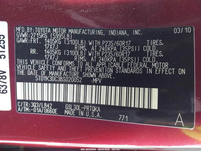 2011 Toyota Sienna Xle V6 მანქანა იყიდება აუქციონზე, vin: 5TDYK3DC3BS020052, აუქციონის ნომერი: 46255546