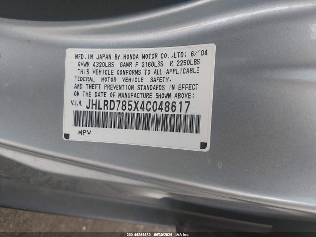 Auction sale of the 2004 Honda Cr-v Lx, vin: JHLRD785X4C048617, lot number: 46255580