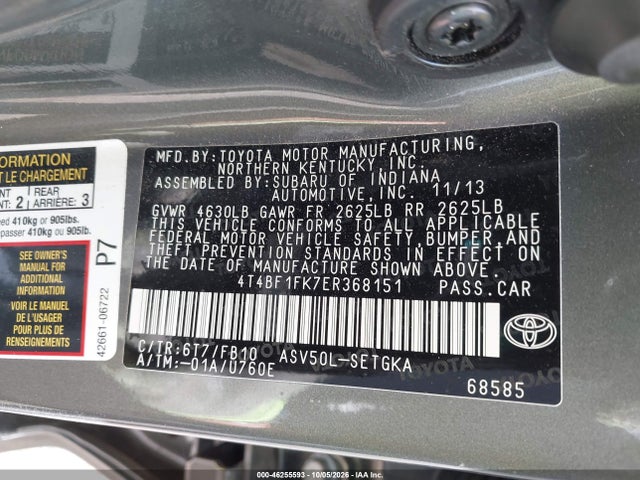 46255593 :رقم المزاد ، 4T4BF1FK7ER368151 vin ، 2014 Toyota Camry Xle مزاد بيع