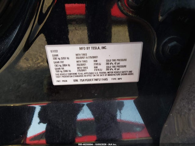 Aukcja sprzedaży 2022 Tesla Model Y Performance Dual Motor All-wheel Drive, vin: 7SAYGDEF7NF511445, numer aukcji: 46255594