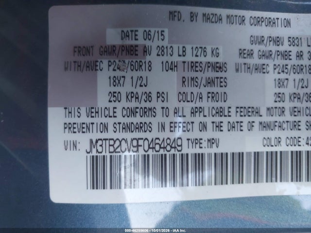 Aukcja sprzedaży 2015 Mazda Cx-9 Touring, vin: JM3TB2CV9F0464849, numer aukcji: 46255606