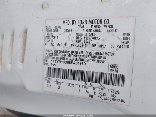 2006 Ford Ranger Xl/xlt მანქანა იყიდება აუქციონზე, vin: 1FTYR10D06PA81969, აუქციონის ნომერი: 46255619