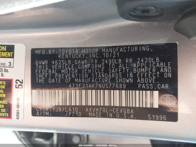 Aukcja sprzedaży 2022 Toyota Camry Xle Hybrid, vin: 4T1F31AK7NU577689, numer aukcji: 46255651