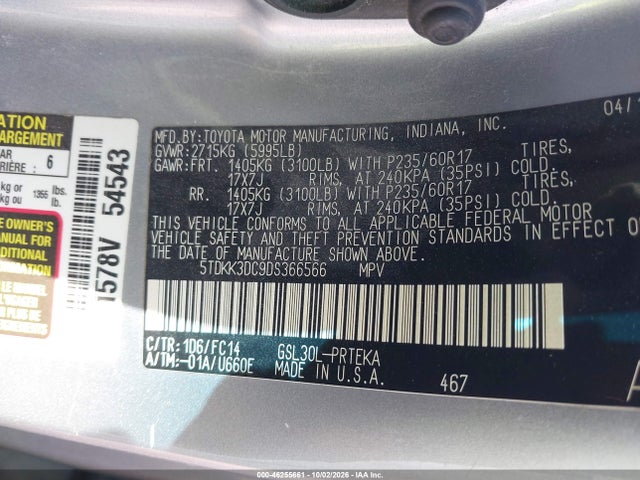 46255661 :رقم المزاد ، 5TDKK3DC9DS366566 vin ، 2013 Toyota Sienna Le V6 8 Passenger مزاد بيع