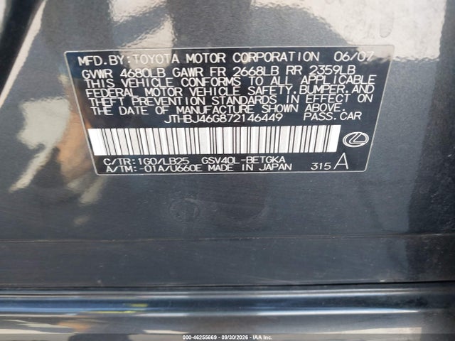 Продажа на аукционе авто 2007 Lexus Es 350, vin: JTHBJ46G872146449, номер лота: 46255669