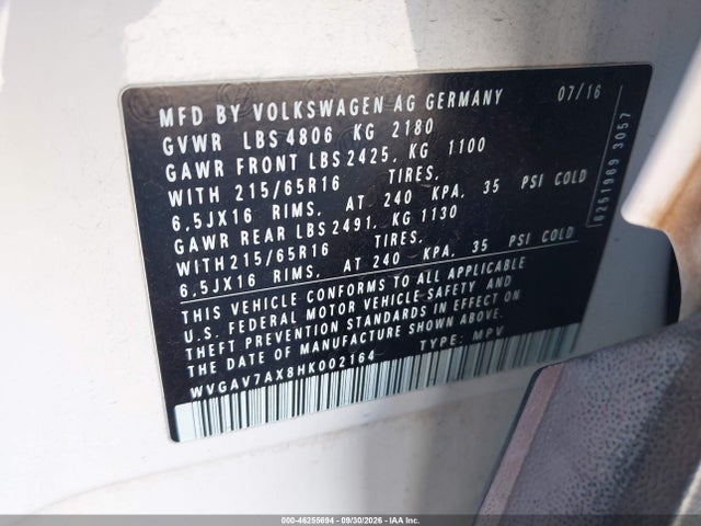 46255694 :رقم المزاد ، WVGAV7AX8HK002164 vin ، 2017 Volkswagen Tiguan 2.0t/2.0t S مزاد بيع