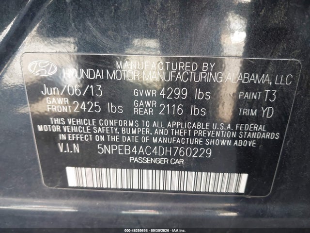 Продаж на аукціоні авто 2013 Hyundai Sonata Gls, vin: 5NPEB4AC4DH760229, номер лоту: 46255698