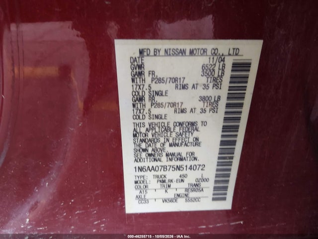 Продаж на аукціоні авто 2005 Nissan Titan Xe, vin: 1N6AA07B75N514072, номер лоту: 46255715
