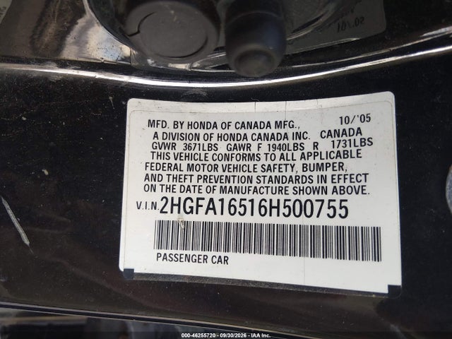 2006 Honda Civic Lx მანქანა იყიდება აუქციონზე, vin: 2HGFA16516H500755, აუქციონის ნომერი: 46255720