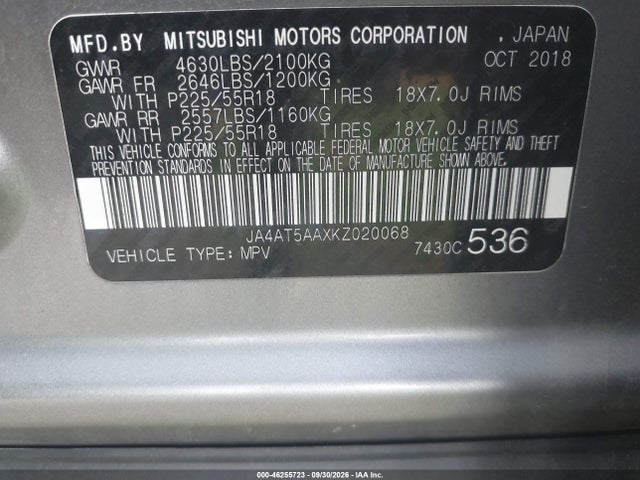 46255723 :رقم المزاد ، JA4AT5AAXKZ020068 vin ، 2019 Mitsubishi Eclipse Cross Se مزاد بيع