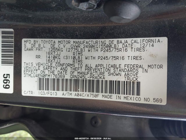 2015 Toyota Tacoma Base V6 მანქანა იყიდება აუქციონზე, vin: 3TMLU4EN0FM176369, აუქციონის ნომერი: 46255724