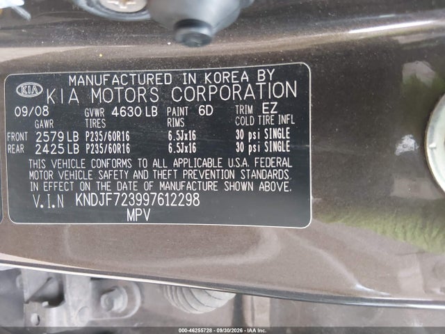 46255728 :رقم المزاد ، KNDJF723997612298 vin ، 2009 Kia Sportage Lx V6 مزاد بيع