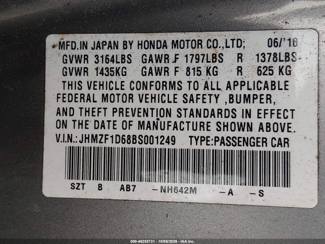 46255731 :رقم المزاد ، JHMZF1D68BS001249 vin ، 2011 Honda Cr-z Ex مزاد بيع