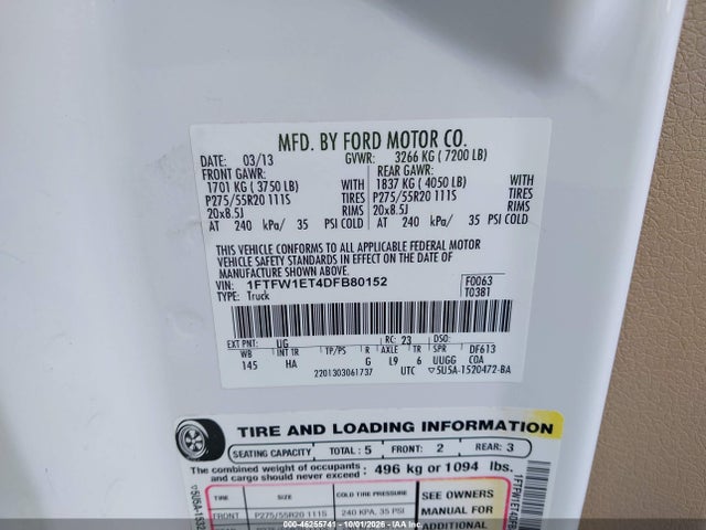 46255741 :رقم المزاد ، 1FTFW1ET4DFB80152 vin ، 2013 Ford F-150 Lariat مزاد بيع