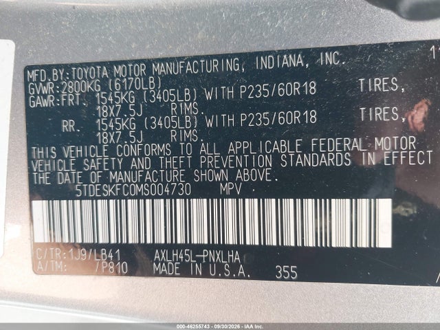 Продажа на аукционе авто 2021 Toyota Sienna Platinum, vin: 5TDESKFC0MS004730, номер лота: 46255743