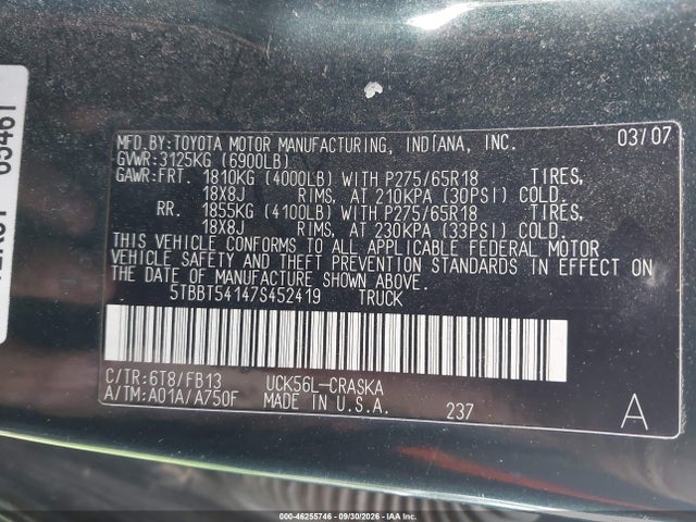 2007 Toyota Tundra Sr5 4.7l V8 მანქანა იყიდება აუქციონზე, vin: 5TBBT54147S452419, აუქციონის ნომერი: 46255746